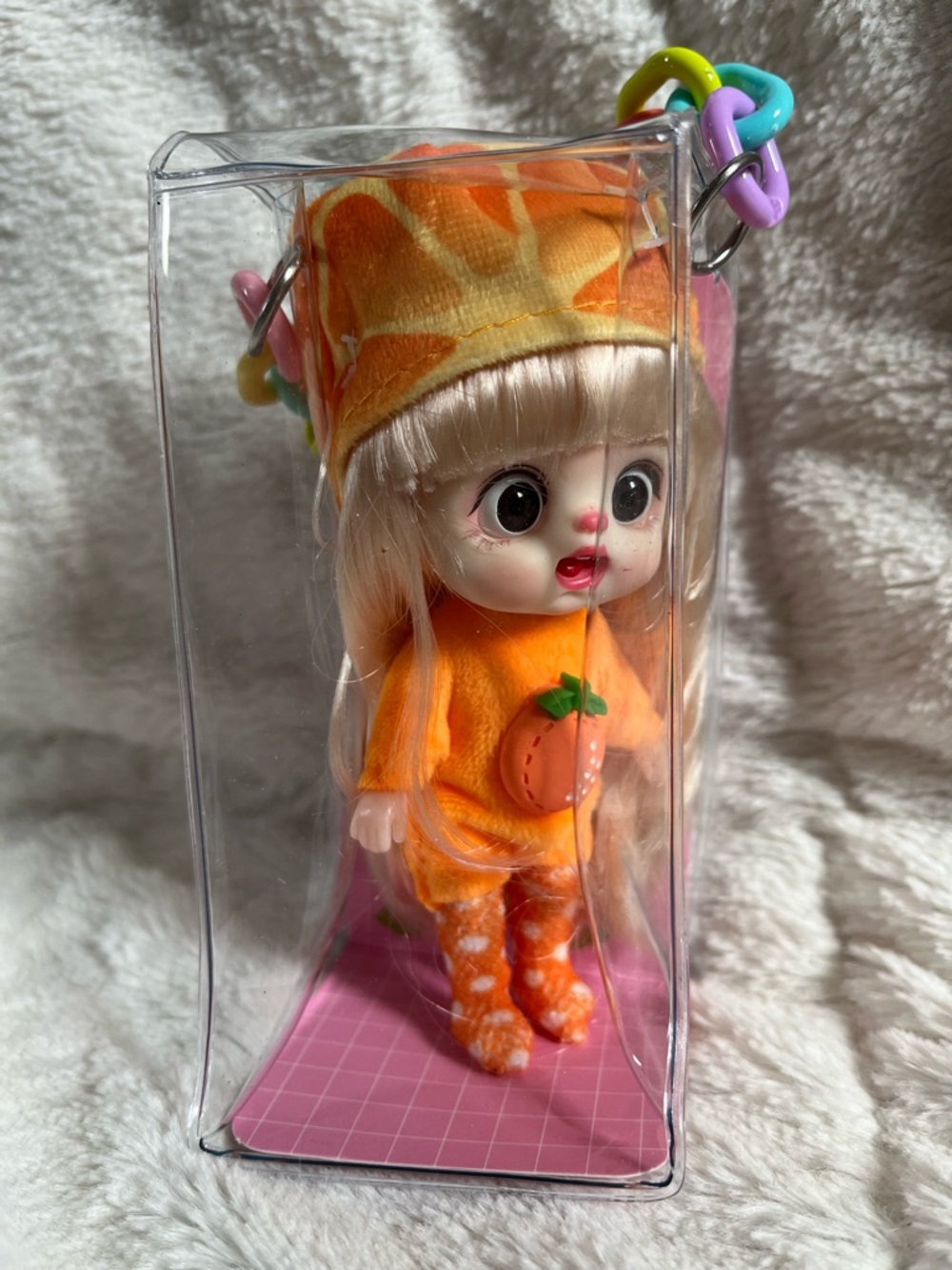 Mini Doll in Orange Fruit Outfit with Blonde Hair - Cute Keychain Plush